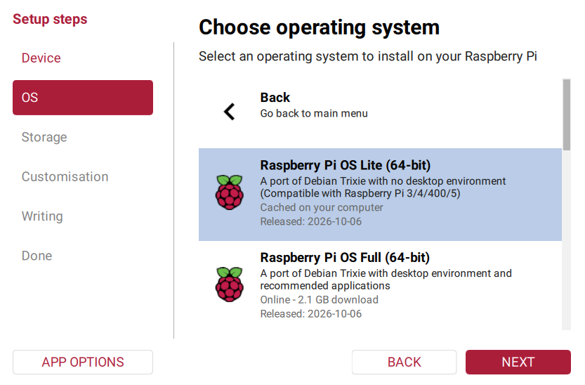 Wybrany Raspberry Pi OS Lite 64-bit